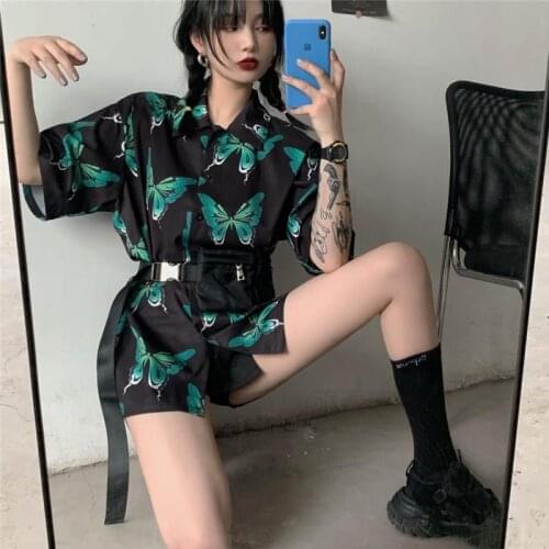 2021 y2k shirt men women Harajuku BF vintage Hong Kong style Chic Korean oversize short-sleeved blouse punk butterfly print tops