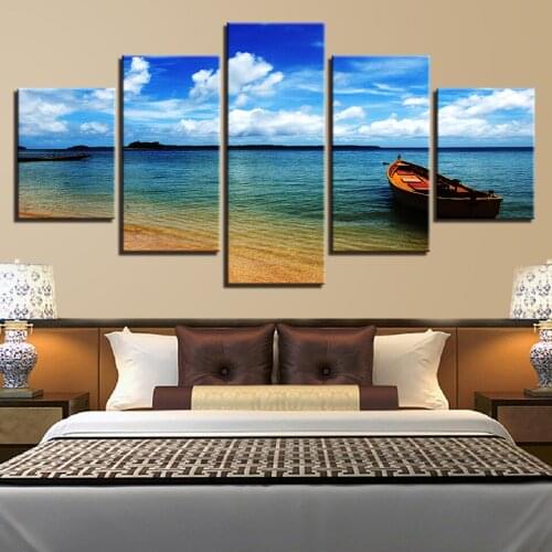 5 Panel Blue Sky Cloud Beach Boat Seascape Paintings Home Decor Canvas Print Picture Artwork Wall Art Decoration Canvas Painting