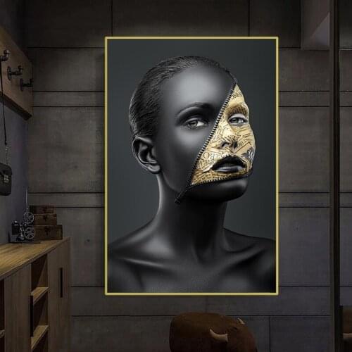 Abstract Art Black Woman Posters and Prints Zipper On Face Surrealistic Canvas Painting Modern Wall Art Pictures for Home Design