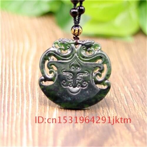 Amulet Dragon Jewelry Necklace Green Hollow Double-sided Black Gifts Obsidian Chinese Jade for Men Accessories Natural Pendant