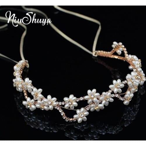NiuShuya Elegant Bridal Wedding Hair Accessories Crystal Frshwater Pearl Headband Ribbon Headpiece Hair Jewelry Accessories