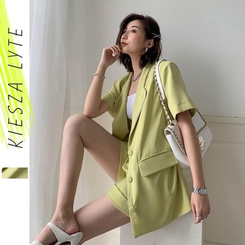 Women Two Piece Sets Blazer And Pants Work OL Suit Fashion High Street Bright Green Shorts Pant 2 Pieces Casual Outfits Feminino