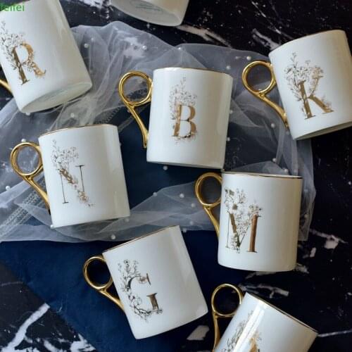 Gold Handle Couple Cup Bone china Coffee Mug Creative Letter Wedding Birthday Gift