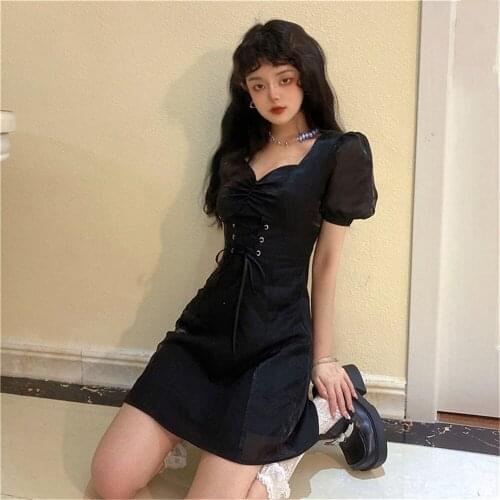 Summer Japanese Harajuku Summer Black Female Dress Vintage Square Collar Bandage Bow Puff Sleeve High Waist Slim Party Dresses