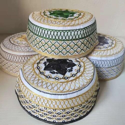 Muslim Hat Prayer Cap Egyptian Kufi Topi Embroidery Islamic Mens Koofi Pakistani Namaz Beanies Machine Black Gray Green Yellow