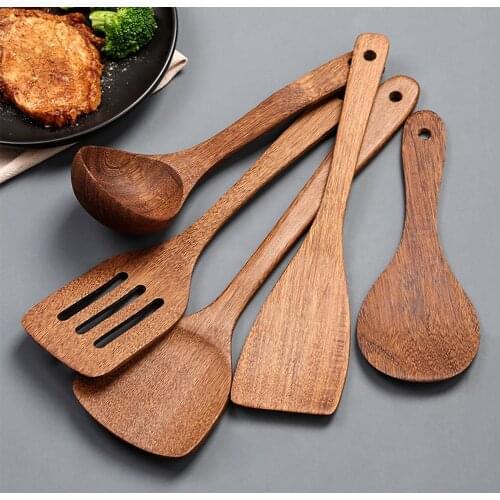 5pcs Wooden Cooking Utensils Kit Spatula Wooden Rice Spoon Soup Scoop Cooking Kitchen Utensils Supplies Kitchen Accessories
