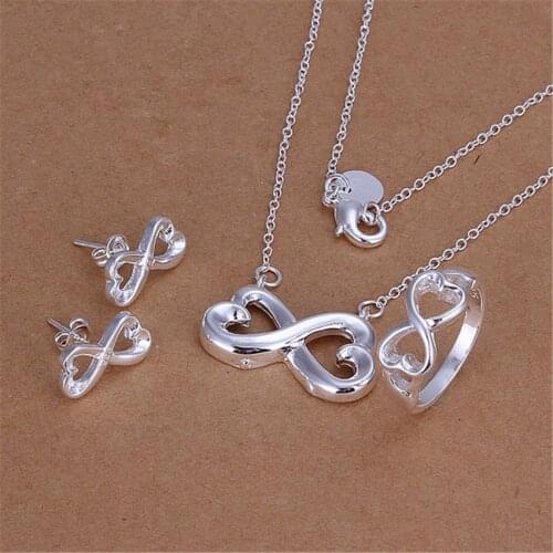 Hot silver color jewelry sets romantic European style geometry 8-shaped pendant necklace Stud Earrings Ring S171