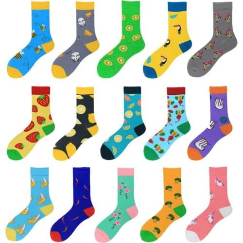 PEONFLY Men Socks Cartoon Bee Woodpecker Colorful Sokken Funny Happy Hip Hop Cheese Lemon Harajuku Male Casual Cotton Socks