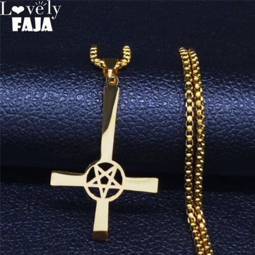 Inverted Satan Pentagram Stainless Steel Long Chain Necklace Women/Men Gold Color Necklaces Pendants Jewelry kolye bayan N203S03