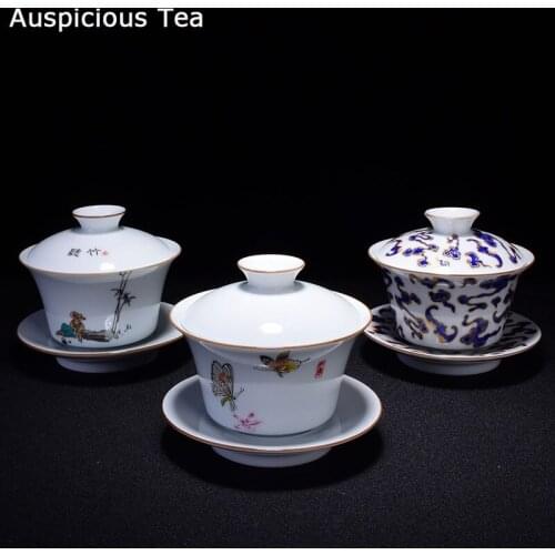 Blue and White Ceramic Gaiwan Teacup Handmade White Porcelain Tea Tureen Bowl Chinese Porcelain Teaware Accessories Drinkware