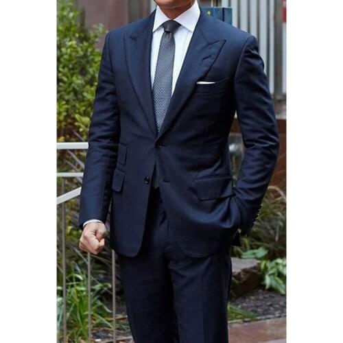 Spring Fashion Gentleman Style Costume Dark Blue Suit For Mens Wedding Suits Slim Fit Wedding Beach Party Sets (Jacket+Pants)