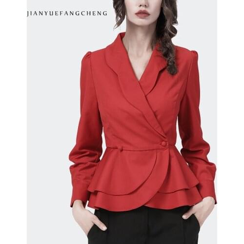 Fashion Womens Long Sleeve Tunic Shirt Solid Color Suit Collar Single Row Two Buttons Cardigan Top 2021 Autumn Elegant Blouses