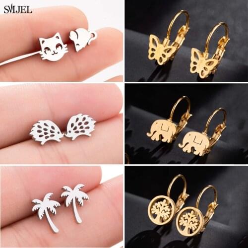 SMJEL Stainless Steel Stud Earrings for Women Small Butterfly Elephant Coconut Tree Earings Jewelry Christmas Accessories