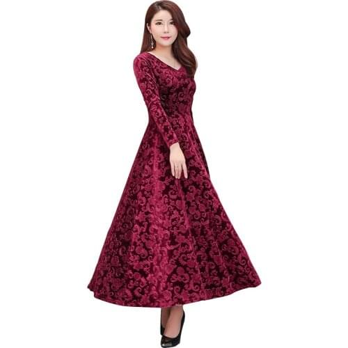 High quality velvet jacquard fabric 2020 autumn winter dress women robe femme long sleeve party casual elegant maxi dress