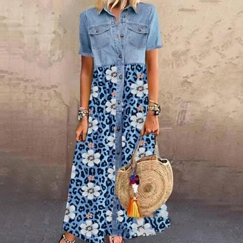 Women Elegant Turn-down Collar Denim Dress Spring Floral Print Button Shirt Dress Summer Short Sleeve A-Line Party Dress Vestido