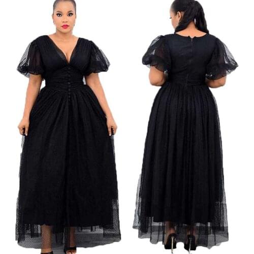 African Lace Dress Womens 2021 Summer Black Short Sleeve Net Yarn Sexy Party Maxi Dress African Dresses For Women Plus Size 5XL