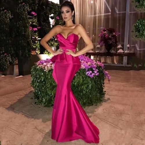 Sevintage Fuchsia Long Mermaid Evening Dresses Pleats Sweetheart Satin Prom Dresses Zipper Women Formal Maid of Honor Dress