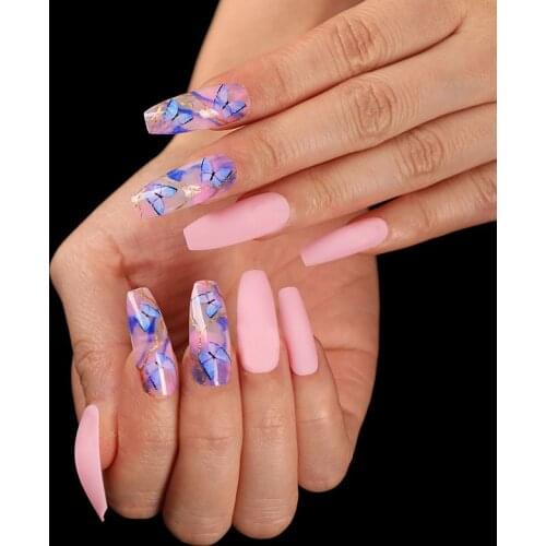 24pcs/Set Long Pink Coffin Fake Nails Blue Butterfly Pattern Nail Accessory Acrylic Full Cover False Nails with Glue Faux Ongles