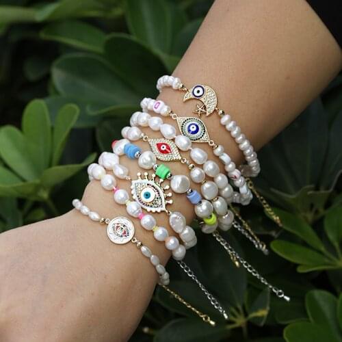 5pcs Jewelry Boho Letter Natural Freshwater Pearl Beaded Plastic Elastic Rope CZ Connector Unisex Charm Bracelet For Women Gift