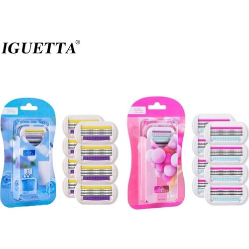 4 Layers Stainless Steel Shaving Razor Couple 8 Cutter Heads Shaving Kit Body Hair Removal Safety Razor Replaceable Cutter Head