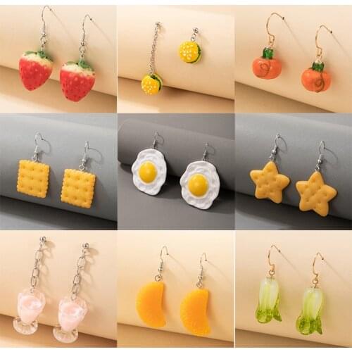 Docona Cute Fruit Vegetable Dangle Earrings for Women Fresh Strawberry Orange Burger Biscuit Pumpkin Geometry Party Jewelry