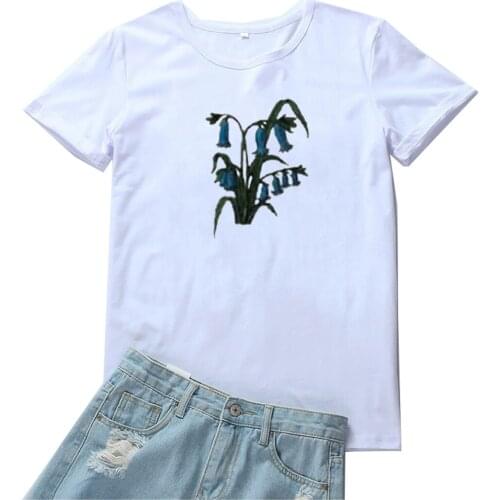 Blue Flower Graphic Tees Women Cotton Loose Tops Women T Shirt Fashion O-neck Women Tshirts Y2k Aesthetic Black Tee Shirt Femme