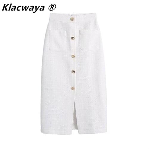 Klacwaya New Women Vintage Pocket Patch Breasted Tweed Woolen Split Slim Skirt Faldas Mujer Ladies Back Zipper Chic Vestido