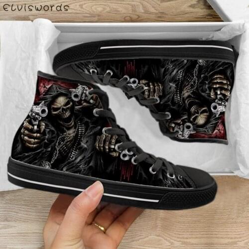 ELVISWORDS Awesome Skeleton Prints Men Canvas Flats Shoes Vulcanized Sneakers High Top Male Casual Lace Up Shoes Halloween Gifts