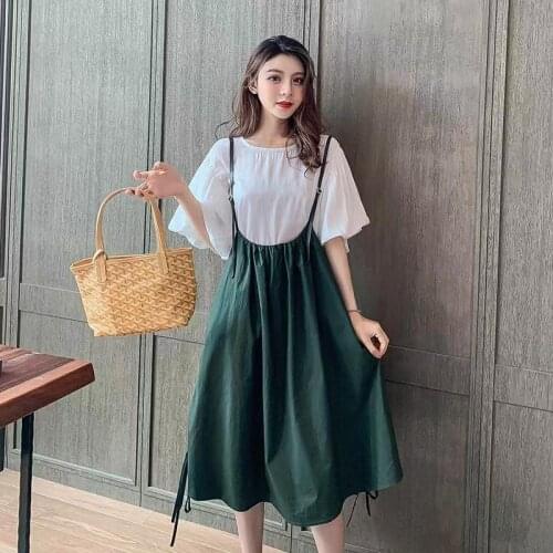 Preppy style summer pregnant women dress suits plus size cotton shirts+strap dress maternity two-piece clothes set loose twinset