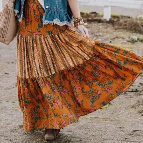 Summer Long Patchwork Print A-Line Skirt Floral Skirt Women Casual Beach Faldas Female Boho Elastic Waist Holiday Maxi Skirt