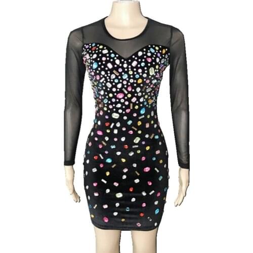 Multicolor Mesh Dress Pink Black Sexy See Through Rhinestones Women Birthday Evening Prom Crystals Wedding Party Female