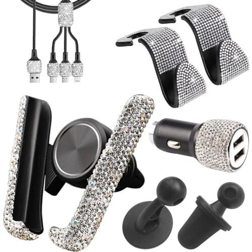 5PCS Shiny Car Accessories Set Bling Rhinestone Kit w/ Dual USB Car Charger Air Vent Phone Mount 3 In 1 Charging Cable and Hooks
