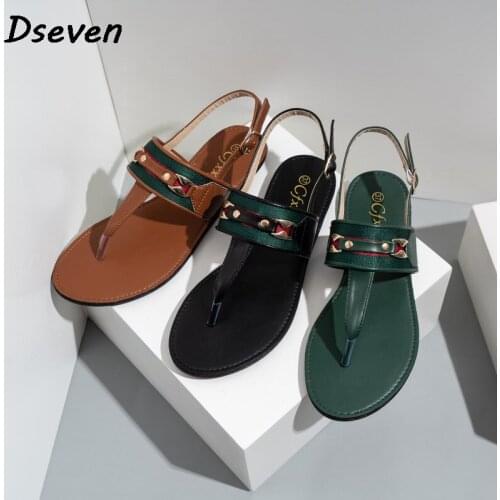 New Womens Summer Sandals Metal Decoration Ladies Shoes 2021 Casual Fashion Woman Beach Shoes PU Leather Female Flip Flops