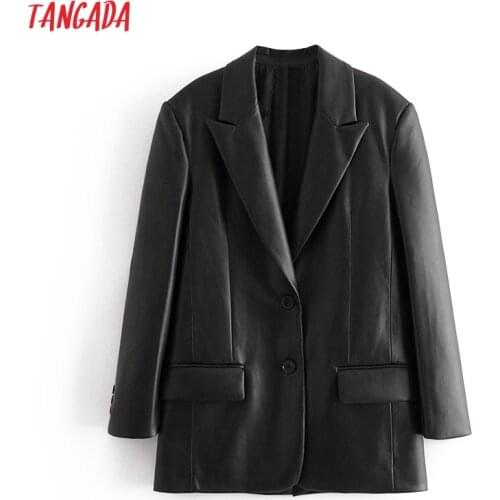 Tangada Women Black Faux Leather Blazer Coat Vintage Notched Collar Long Sleeve 2020 Fashion Female Loose Chic Tops QN37