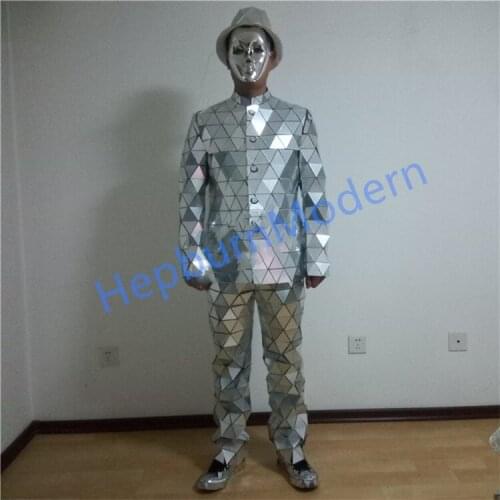 Silvery mirror face dress suit men women costume reflective bar show GOGO stage mirror clothing future Space wedding costume