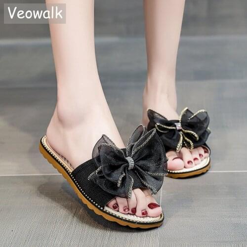 Veowalk Women Silk Bow Linen Cotton Flat Slides Summer Comfortable Ladies Open Toe Slippers Beach Shoes Beige White Black