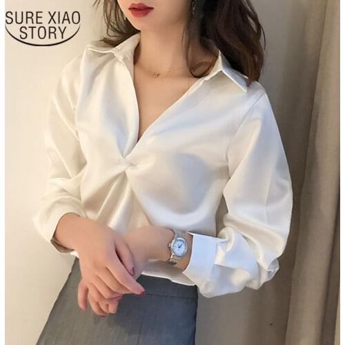 Vintage Blouse Women 2021 Autumn V-neck Shirt Women Tops Korean Style Elegant Slim Solid Office Lady Clothes All Match New 11025