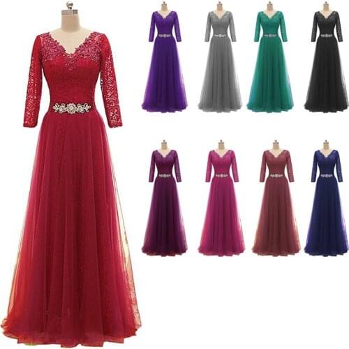 Vintage Long Sleeve Bridesmaid Dresses Lace Appliques Red Maid of Honor Robes Beaded Tulle Formal Party Gowns