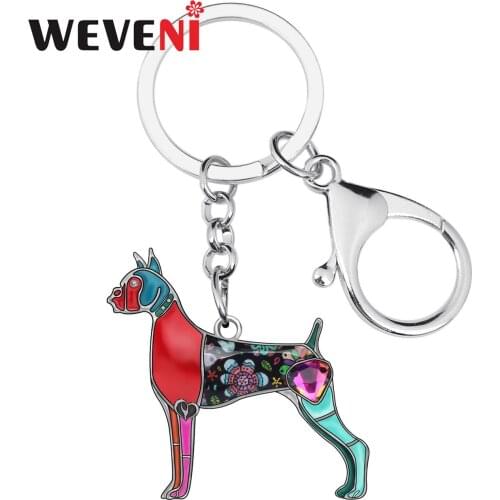 WEVENI Enamel Alloy Rhinestone Floral Boxer Dogs Keychains Fashion Pets Key Chain Ring Jewelry For Women Girl Teens Unique Gifts