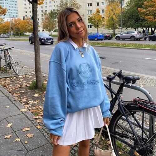 Y2K Aesthetics Letter Embroidery Oversized Sweatshirts women Harajuku 90s Fashion Solid Crewneck Long Sleeve Top Autumn Outfit