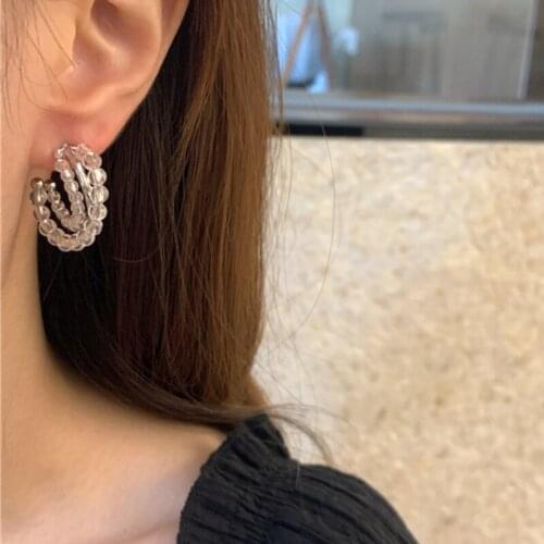 U-Magical Minimalist Double Layer C Shape Hoop Earring for Women Temperament Crystal Beaded Metal Earring Jewelry Pendientes