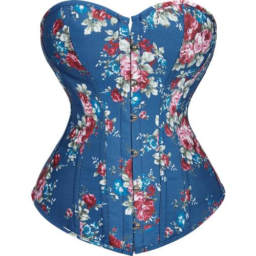 Women Vintage Denim Floral Print Pattern Overbust Corset Burlesque Waist Cincher Lace Up Boned Corsets Sexy Bustier Lingerie Top