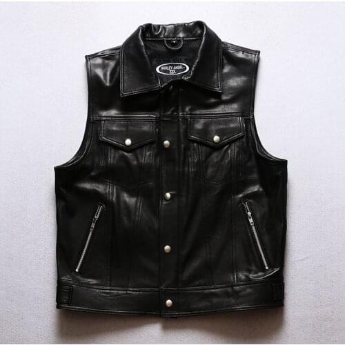 New arrival Mens Zipper and Snap Closure Hot Genuine Leather Motorcycle Club Vest Fold Down Collar