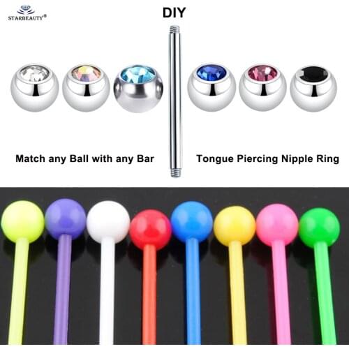 1pc DIY Match any Ball with any Bar 14G 1.6x16mm Barbell Acrylic Tongue Piercing Nipple Ring Crystal Tongue Rings Body Jewelry