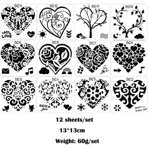 12pc Love Heart Painting Template Stencil Bullet Journal DIY Plastic Stencil For Scrapbooking Stamp Embossing Drawing Templates