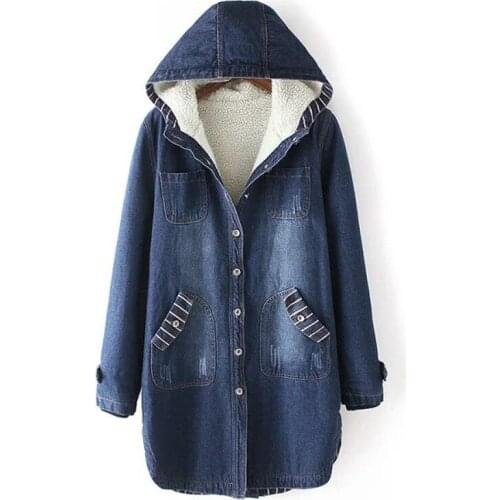 2020 Autumn Winter Denim Jacket for Women Hooded Velvet Thick Jeans Jacket Female Windbreaker Long Coat Student Outerwear P716