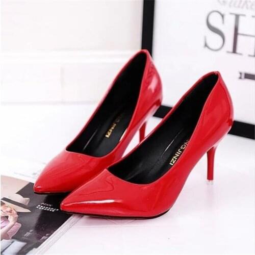 2020 Sexy Women Shoes Red Pointed Toe Pumps Patent Leather Dress Shoes High Heels Boat Shoes Wedding Shoes Zapatos Mujer 8cm