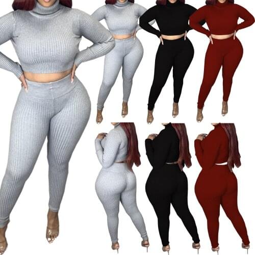 8CQ086 Autumn Winter Women Casual Fashion Solid Navel Sports Two Piece Set Top and Pants Tracksuit Sweatsuit Outfits Hot 2020