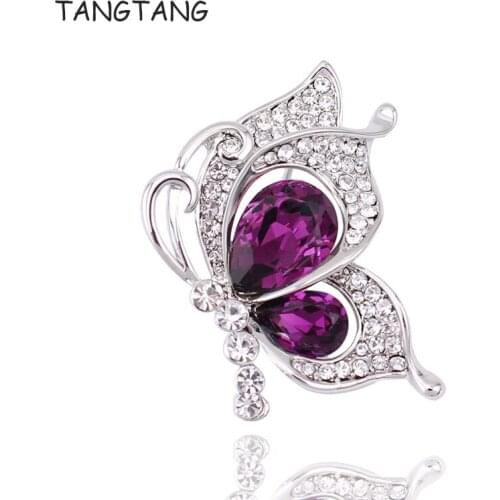 Butterfly Brooch with Blue Purple Crystals Women Fashion Jewelry Romantic Gift for Her Insect Pins White Gold Color Wing BH8253