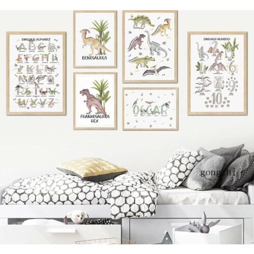 Alphabet Number Dinosaur Nordic Poster Education Watercolor Canvas Painting and Prints Boy Room Wall Art Picture Kids Room Decor